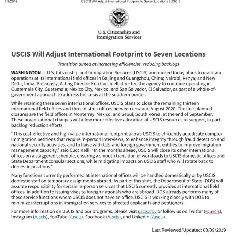 美國(guó)公民與移民事務(wù)局宣布保留駐北京廣州海外辦事處